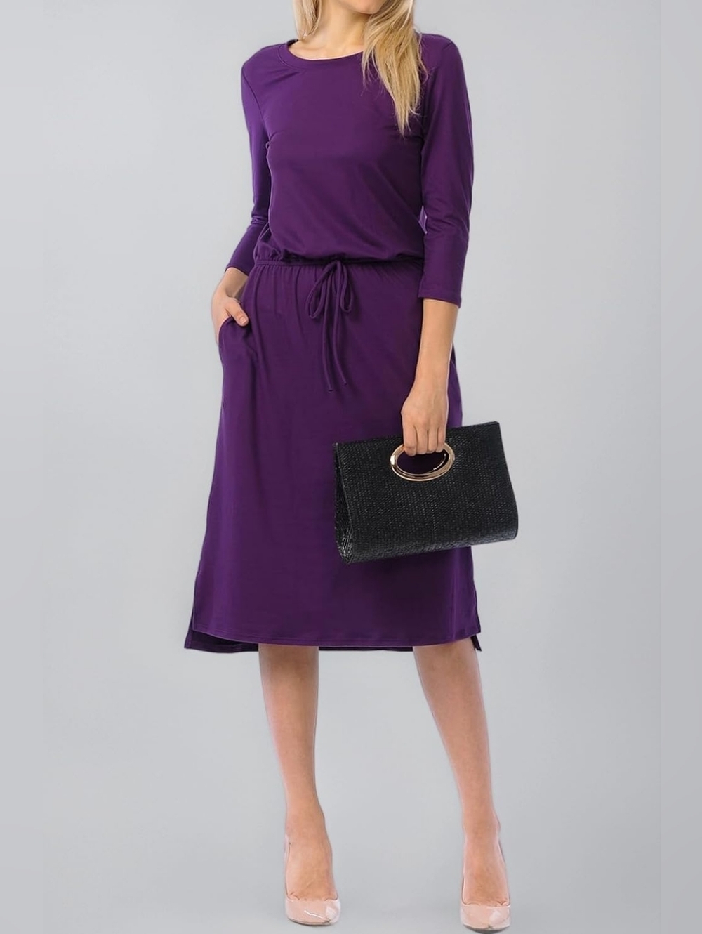 NWT Womens Iconic Luxe Purple Relaxed 3/4 Sleeve Midi Dress- M- Casual, Summer
